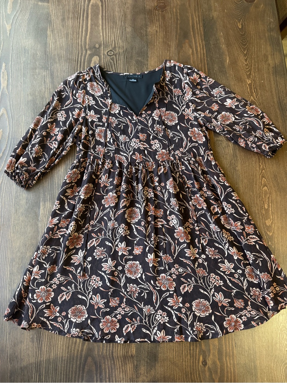 Sanctuary Chocolate Brown Floral V-Neck Dress with Cream Blooms